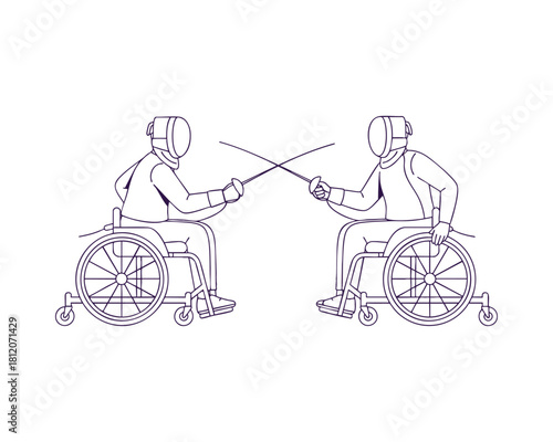 Paralympic Wheelchair Fencer in Duel Stance — Line Art Illustration