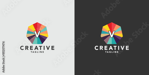Digital colorful abstract icons, elements and symbols with initial V logo, template