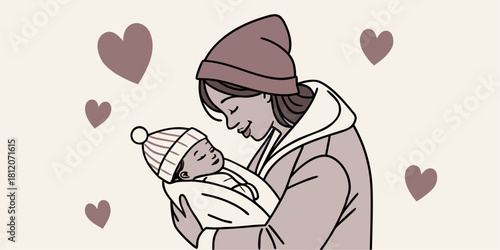Precious moment of mother's love, gently holding her newborn baby close, surrounded by hearts, radiating warmth and affection, perfect for family content