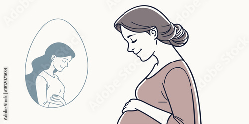 Elegant pregnant woman looking at her reflection, anticipation and motherhood, stylish line art illustration, expecting mother dreams of her baby