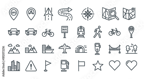 Comprehensive set of thin line navigation and travel icons, featuring various transport, location, and destination symbols.