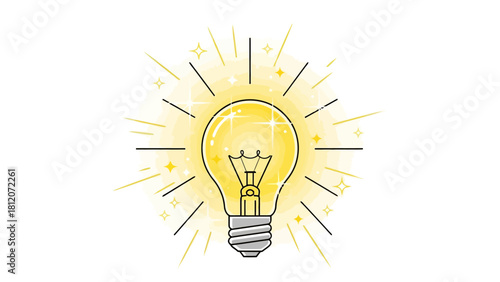 A lit lightbulb with radiating yellow light and stars