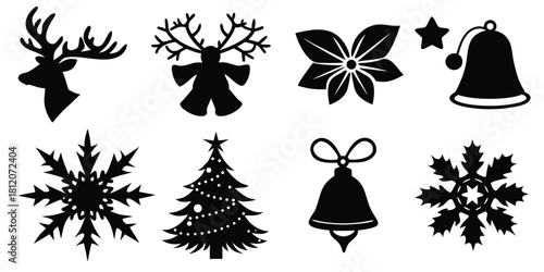 Christmas silhouette vector set with reindeer and decorations