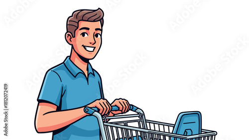 A man in a blue polo shirt pushes a shopping cart