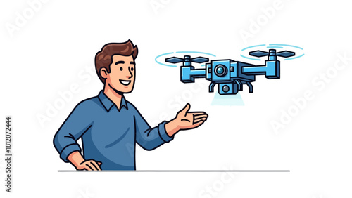 A man in a blue shirt gestures towards a flying blue drone