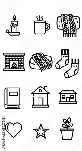 Cozy Home Hygge Outline Icons Set. Minimalist Line Art Collection for Comfort and Warmth.