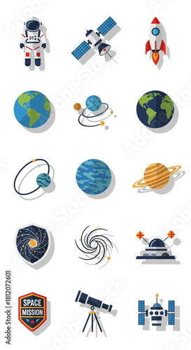 Colorful flat design space exploration icons set featuring astronaut, planets, rockets, and satellites.