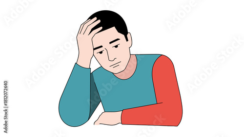 A man with black hair rests his forehead on his hand