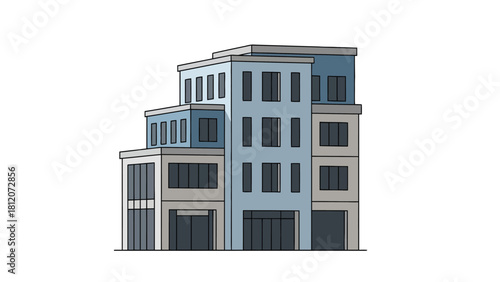 A multistory cartoon building with light blue and gray sections