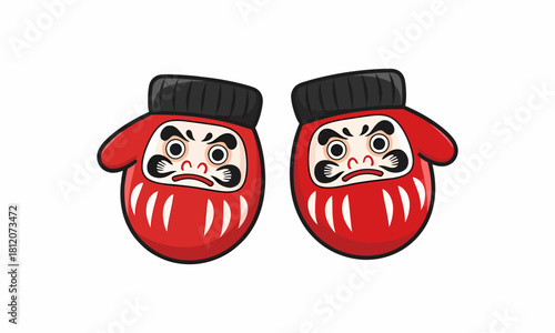 Two Red Daruma Dolls with Black Caps and Detailed Facial Expressions.