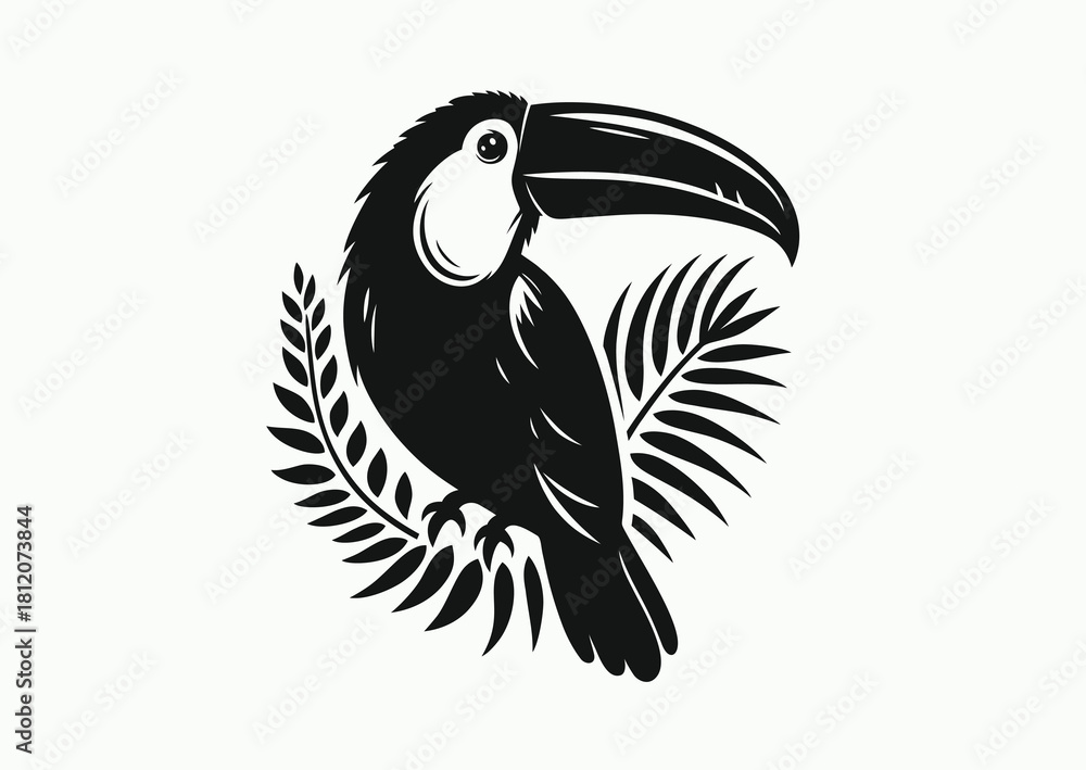 Naklejka premium Toucan on the branches of tropical palm tree, black and white vector silhouette