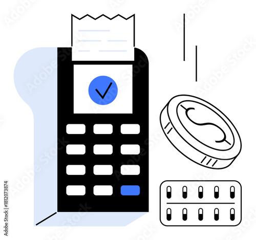 POS machine processing a payment with receipt, coin, and card. Ideal for finance, shopping, technology, payment methods, retail banking digital economy. Simple flat metaphor