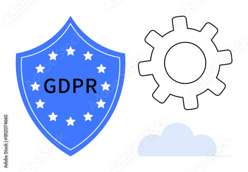 Blue shield labeled GDPR, black gear symbol, and light-gray cloud. Ideal for data security, regulation, compliance, technology, privacy, cybersecurity cloud storage a simple flat metaphor