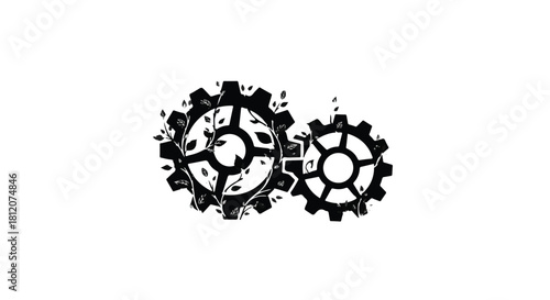 Interlocking gears with organic growth symbolizing sustainable industry and innovation.