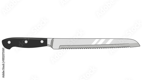 A serrated bread knife with a black handle and silver blade