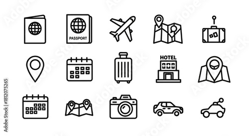 Collection of Travel and Vacation Icons Representing Journey Essentials.