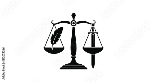 Symbol of justice with scales balancing a feather and a sword, representing law and balance.