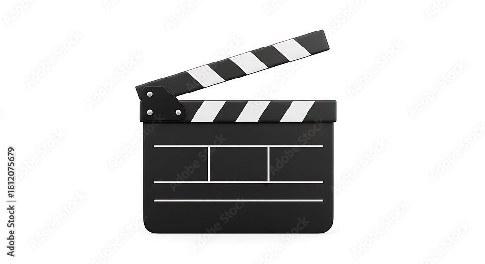 Fototapeta premium A sleek and modern 3d rendering of a classic movie clapperboard, isolated on white background, perfect for illustrating filmmaking, cinema, and the entertainment industry with a minimalist aesthetic