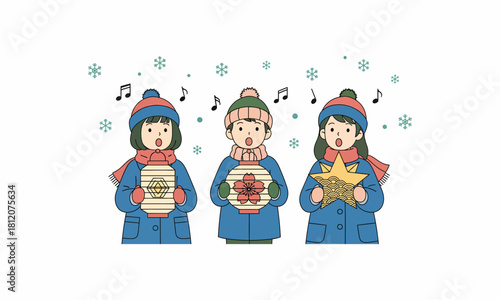 Three Children Singing Christmas Carols with Hats and Scarves in Winter.