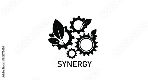Interlocking gears with leaves symbolize sustainable innovation and teamwork.