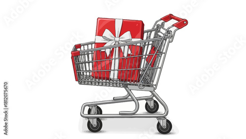 A shopping cart filled with red gift boxes tied with white ribbon
