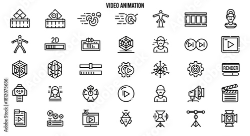 Collection of Video Animation Icons in Outline Style, Representing Various Aspects of Film Production.