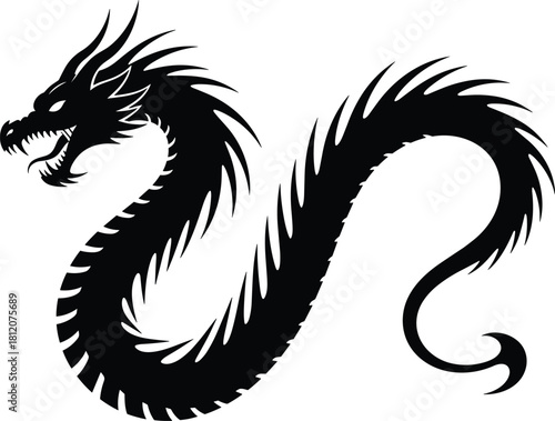 Black silhouette vector illustration of a fierce mythological Asian dragon, tribal tattoo art style design, fantasy serpent creature isolated on white background.