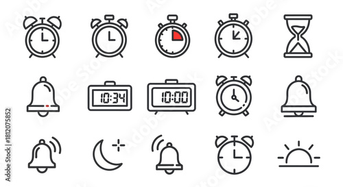 Collection of Vintage and Modern Timekeeping Device Icons.