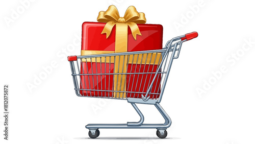 A shopping cart holds a large red gift box tied with a gold ribbon