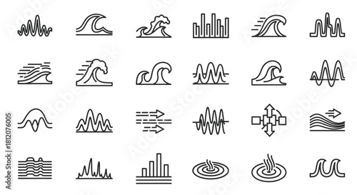 Collection of Wave and Signal Line Art Icons - Ocean Waves, Sound Waves, and Data Signals.