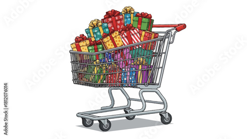 A shopping cart overflowing with colorful giftwrapped boxes