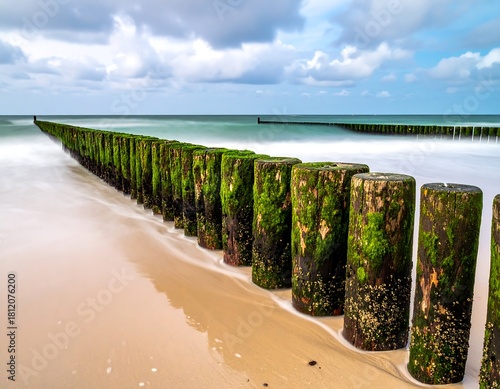 Fototapeta Naklejka Na Ścianę i Meble -  Groynes on the Baltic Sea Coast - A Serene Coastal Scene.