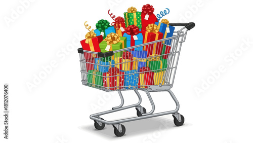 A shopping cart overflowing with colorful wrapped gifts