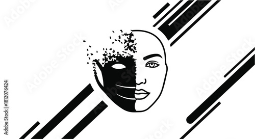 Human face dissolving into digital particles, representing artificial intelligence and technology