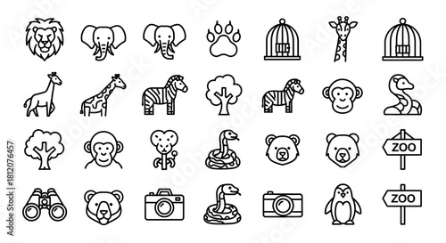 Collection of Zoo Animals and Objects Line Art Icons.