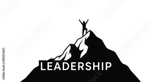 Silhouette of a triumphant leader with arms raised on a mountain peak, symbolizing achievement and success.