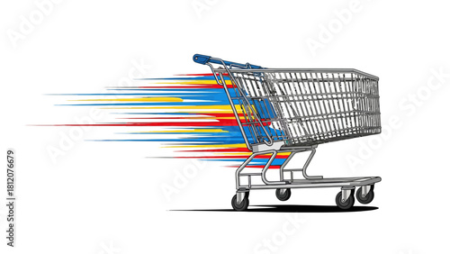 A shopping cart with colorful speed lines on a white background