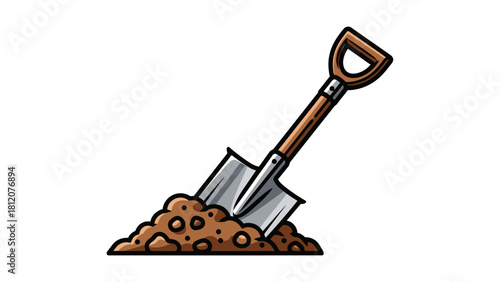 A shovel is stuck in a pile of brown dirt