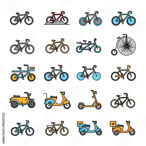 Colorful collection of diverse bicycle and scooter icons, featuring various styles like road, mountain, tandem, and delivery vehicles.