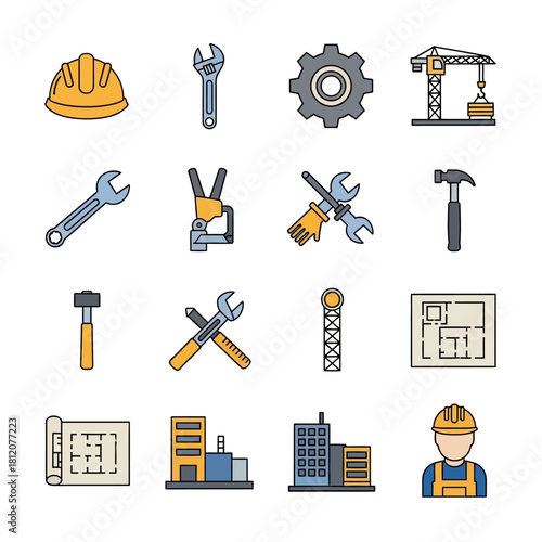 Colorful construction and engineering icon set featuring tools, buildings, blueprints, and a worker in a flat line art style.