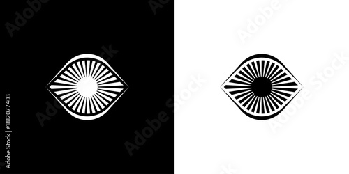 Abstract Eye, Sun, and Moon logo, brand design template, minimalist style. Vector illustration. Geometric Alchemical Symbol, Occult and Mystical Sign. Secret societies...
