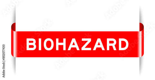 Red color inserted label banner with word biohazard on white background