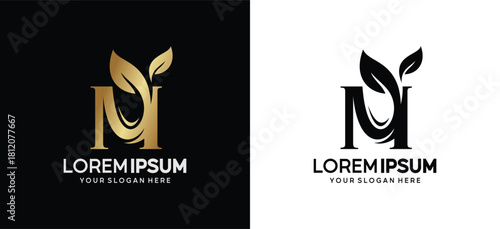 An elegant M monogram with a refined leaf accent, available in gold and black styles. Perfect for premium brands, cosmetics, organic products, luxury wellness, and natural beauty labels.