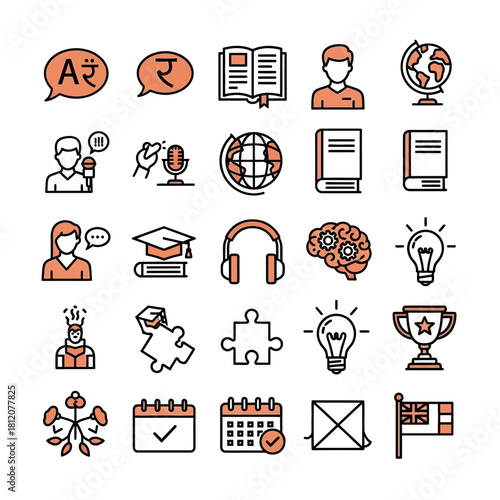 Colorful filled outline icon set for education, language translation, online learning, and achievement.