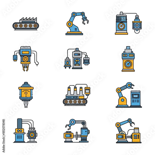 Colorful filled outline icon set of industrial machinery, robotic arms, and factory automation equipment for manufacturing.