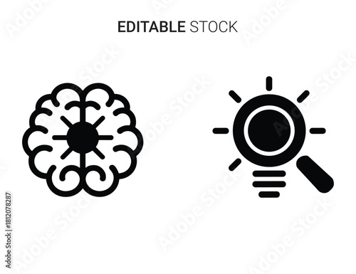 Brain and idea discovery concept icon set. creative thinking and problem-solving symbols.