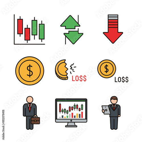 Colorful Financial Icons Depicting Stock Market Trends, Gains, and Losses.