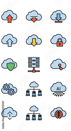 Colorful flat cloud computing icons set with data, security, AI, and server symbols.