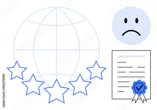 Quality rating concept. Quality ed by a global scale and star ratings. Quality issues d by a sad face icon and certified document. Perfect for business, reviews, customer experience, feedback