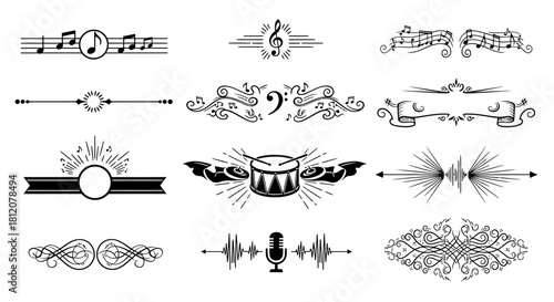 Set of musical dividers and borders with notes and instruments.